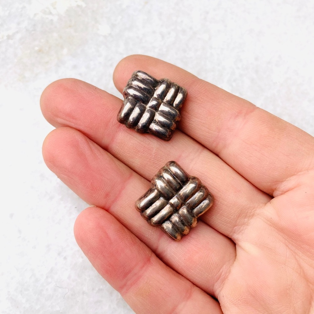 Vintage Square Knot Sterling Silver 925 Earrings Woven Patina Geometric 5/8”